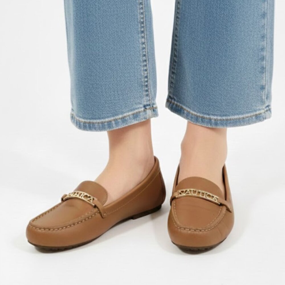 Nautica Women's Tan Leather Loafers with Gold Logo Hardware